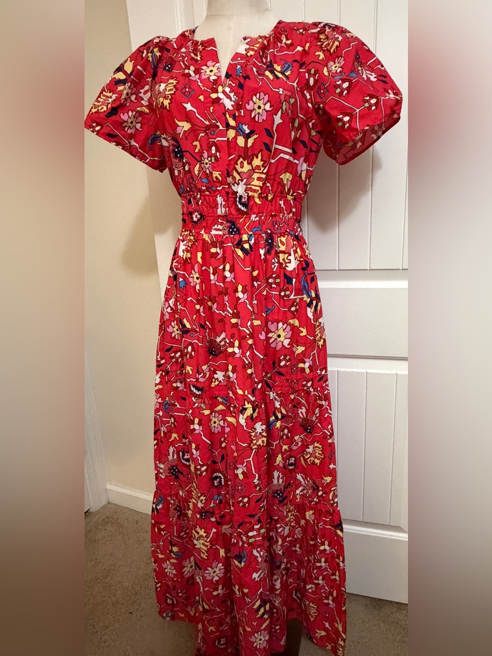 Anthropologie The Somerset Red Floral Tiered Midi Dress Sz Small
